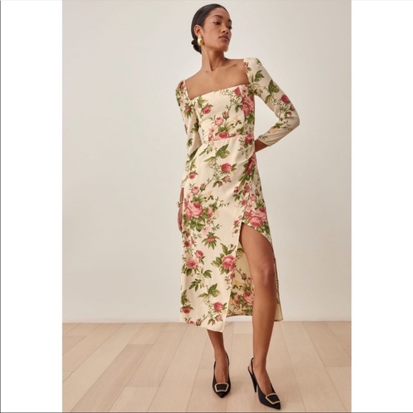 Reformation Hilda Floral Print Ruched Smocked Midi Dress In Jardin NWT Size 10 - Picture 5 of 15